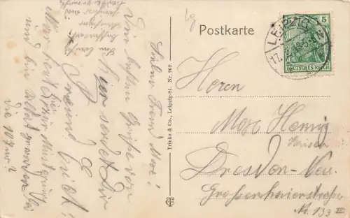 Straßenansicht und Völkerschlachtdenkmal in Leipzig Sachsen Postkarte AK 1913