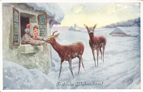 Frohe Weihnachten Mädchen mit Reh Künstlerkarte K. Feiertag Nr 4