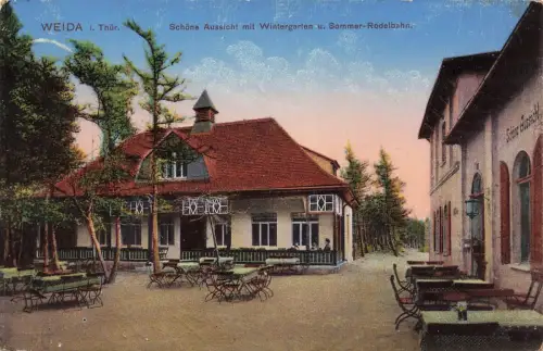 Schöne Aussicht mit Wintergarten und Sommer-Rodelbahn Weida Thüringen AK 1915