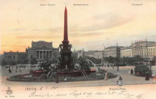 Augustusplatz mit Post und Mendebrunnen in Leipzig Sachsen Postkarte AK 1905