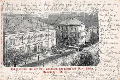 Bahnhofstraße mit der Kgl. Amtshauptmannschaft Auerbach i. V. Postkarte AK 1908