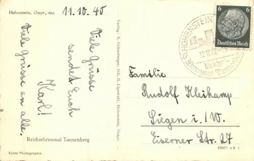 Reichsehrenmal Tannenberg Hohenstein Ostpr. AK 1940