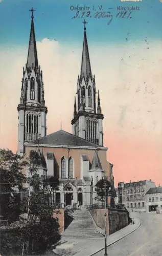 Oelsnitz Vogtland Kirchplatz und Strasse Postkarte 1921