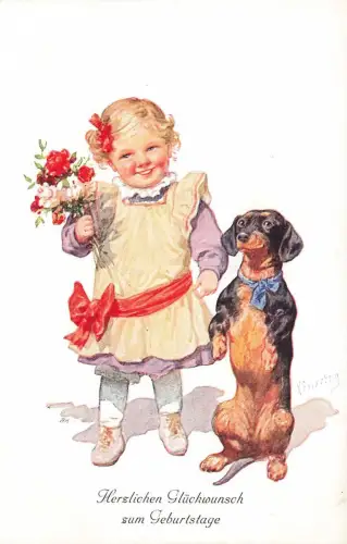 Glückwunsch Blonde Mädchen süßes Dackel Künstlerkarte K. Feiertag Nr 4