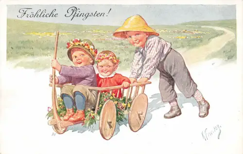 Pfingsten süsses Kinder Schubkarre Künstlerkarte K. Feiertag Nr 4