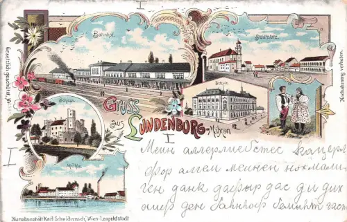 Gruss aus Lundenburg (Břeclav) Mähren Schule Stadtplatz Bahnhof Postkarte AK