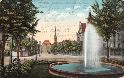 Chemnitz Carolastrasse Blick nach dem Theater Feldpost AK 1914