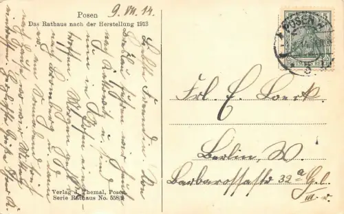 Posen Das Rathaus nach der Herstellung 1913 Postkarte AK 1914