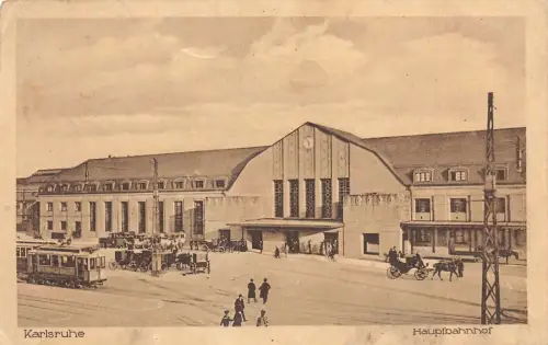 Karlsruhe Hauptbahnhof Strassenbahn Baden-Württemberg Postkarte AK 1925