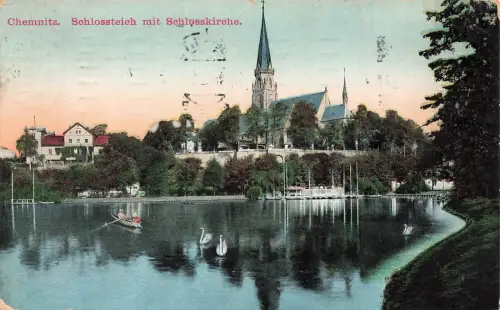 Schlossteich mit Schlosskirche in Chemnitz Sachsen Postkarte AK 1912
