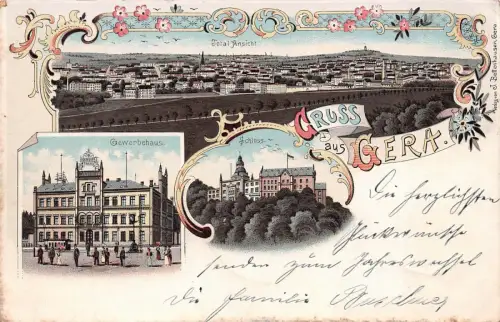 Gruss aus Gera Total-Ansicht Gewerbehaus Schloss AK 1898