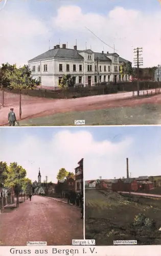 Gruss aus Bergen i. V. Schule Plauenschestr. Elektrizitätswerk AK 1916