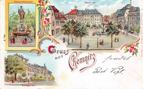 Gruss aus Chemnitz Sachsen Neumarkt Saxoniabrunnen Litho Postkarte 1900