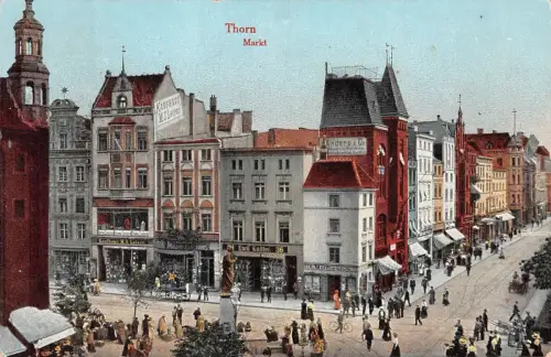 Thorn / Toruń Markt Geschäfte, belebte Strasse Postkarte gel. 1915 Podgorz