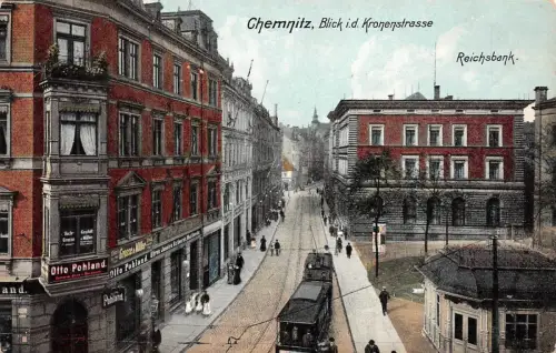 Chemnitz Sachsen Kronenstrasse Strassenbahn Frauen am Laden Postkarte 1916
