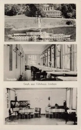 Gruß aus Fährhaus Zeichen mit Tanzdiele und Veranda Sachsen Postkarte AK