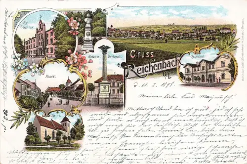 Gruss aus Reichenbach Bahnhof und Semiar Oberlausitz Sachsen Litho AK 1898