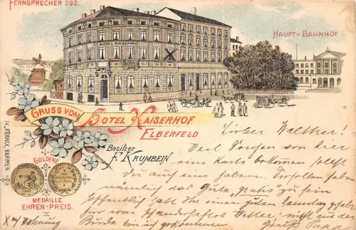 Elberfeld Hotel Kaiserhof, Bahnhof Litho Postkarte 1900