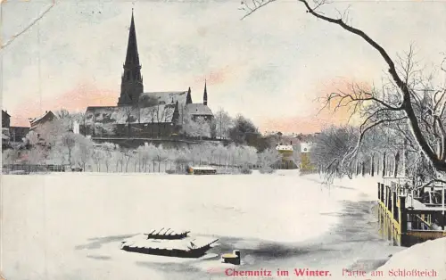 Partie am Schloßteich im Winter Chemnitz Sachsen Postkarte AK