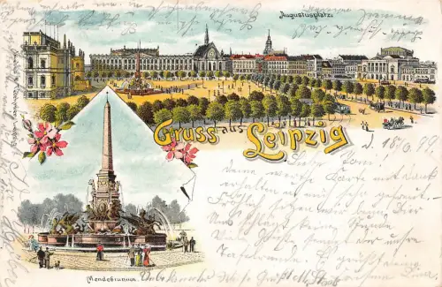 Leipzig Mendebrunnen Augustplatz Litho Postkarte 1899