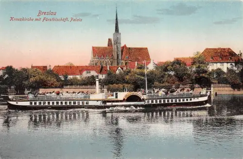 Kreuzkirche mit Palais und Dampfer Germania Breslau Schlesien Postkarte AK
