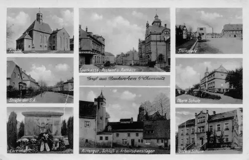 Gruss aus Neukirchen b/Chemnitz Kirche Sparkasse Rathaus Rittergut AK 1943