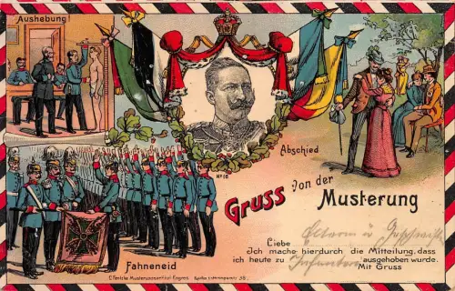 Gruss von der Musterung mit Portrait Wilhelm II. Patriotika Postkarte AK