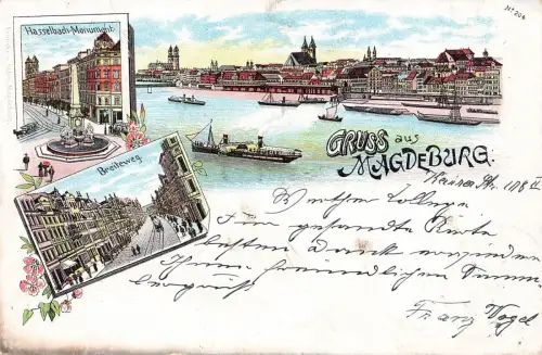 Hasselbach-Monument und Breiteweg Magdeburg Litho Sachsen-Anhalt AK 1899