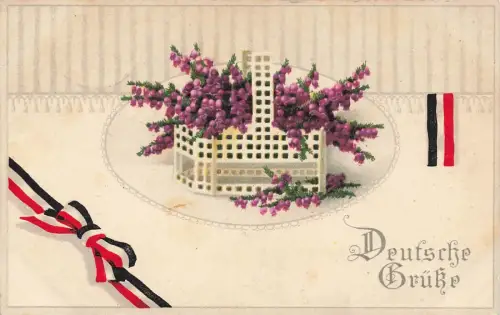 Deutsche Grüße mit Blumenkorb und Reichsfahne Patriotika Postkarte AK 1916