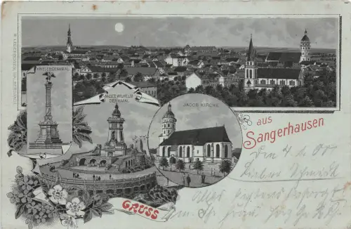 Sangerhausen Krieger Denkmal Jacob Kirche Mondscheinpostkarte gel. 1900