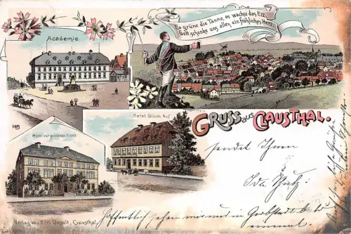 Glausthal Academie, Hotel Glück Auf und godene Krone Litho Postkarte 1907