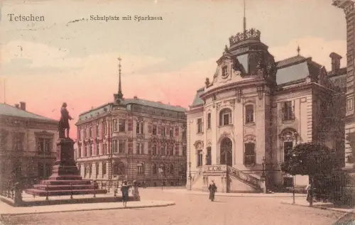 Schulplatz mit Sparkassa in Tetschen Böhmen Postkarte AK 1912