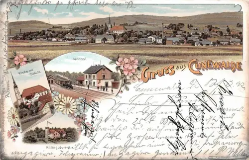 Gruss aus Cunewalde Bahnhof Kirche mit Schule Postkarte AK 1897