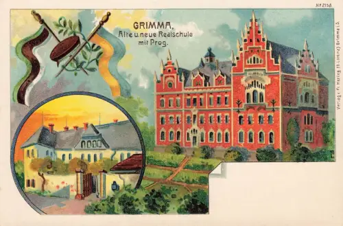 Alte und neue Realschule mit Prog Grimma Sachsen Postkarte AK