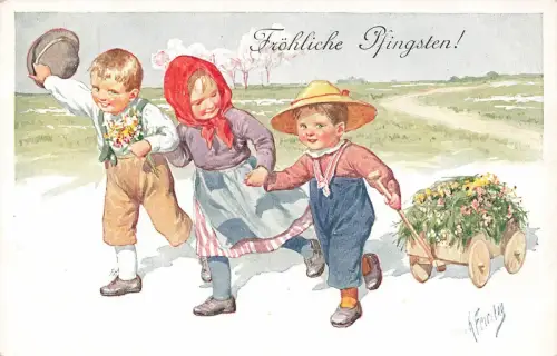 Pfingsten Kinder mit Hut Künstlerkarte K. Feiertag Nr 5