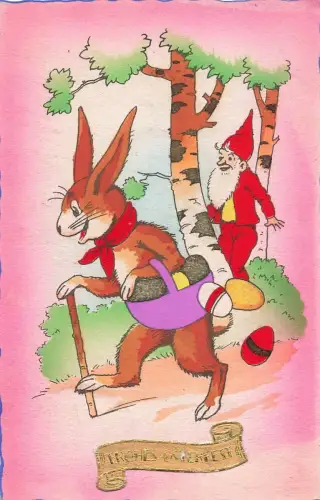 Ostern Hase mit Zwerg Feldpost Postkarte 1942