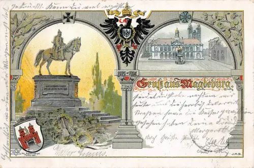 Gruss aus Magdeburg Kaiser Denkmal, Wappen Litho Postkarte 1897