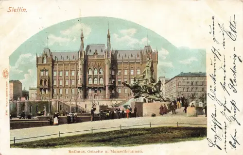 Rathaus, Ostseite und Manzelbrunnen in Stettin Pommern Postkarte AK 1903