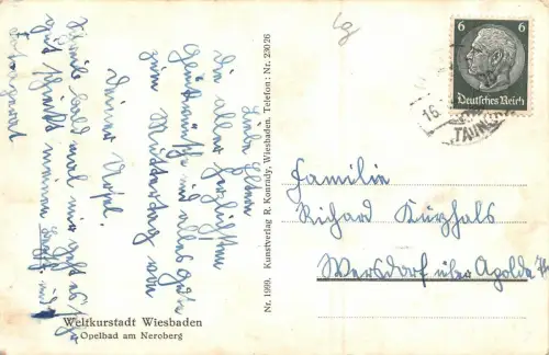 Wiesbaden Weltkurstadt Opelbad mit Neroberg AK 1941