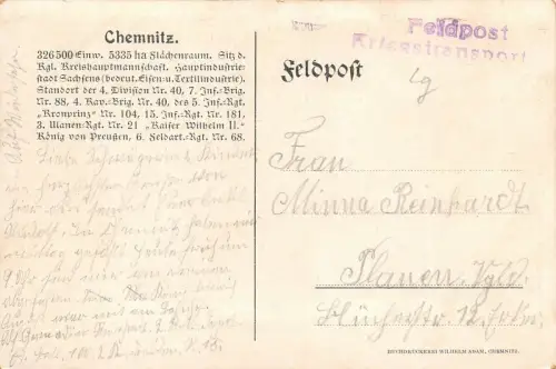 Zur Erinnerung an die Rast in Chemnitz Markt Rathaus (v. Ballon aus) Feldpost AK