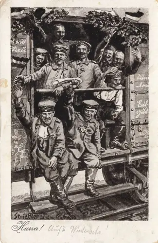 Hurra! Aufs Wiedersehn Soldaten vor der Abfahrt Patriotika Postkarte AK