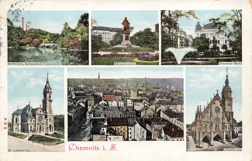 Panoramakarte mit Bank, Kirchen und Denkmal Chemnitz Sachsen Postkarte AK 1907