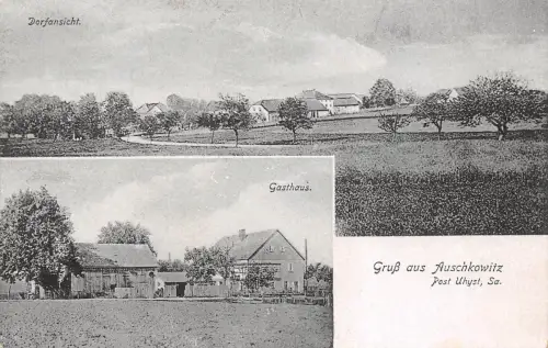 Gruß aus Auschkowitz Post Uhyst Sa. Gasthaus Dorfansicht Burkau Bautzen AK