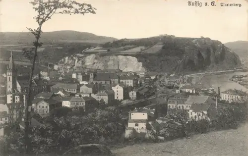 Blick auf Aussig an der Elbe, Marienberg, Ústí nad Labem Böhmen Postkarte AK