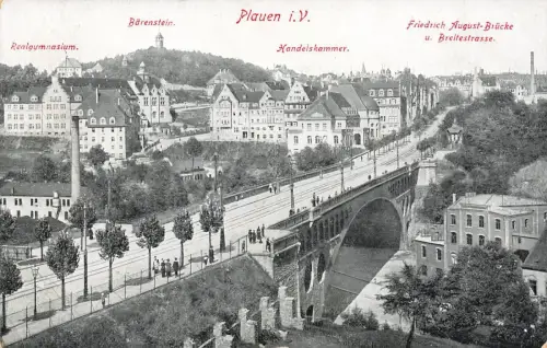 Friedrich Augustbrücke Handelskammer i Plauen Vogtland Sachsen Postkarte AK 1910