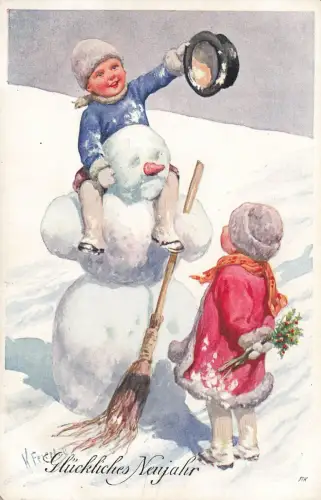Neujahr Schneemann mit Besen Künstlerkarte K. Feiertag Nr 4