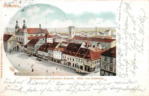 Komotau Marktplatz mit Infanterie Kaserne Blick vom Stadtturm Postkarte AK 1902