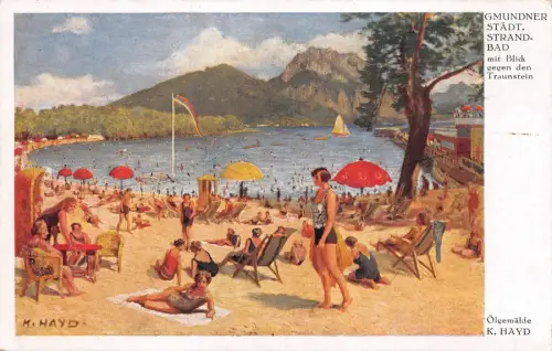 Gmundner Städt. Strandbad mit Blick gegen den Traunstein K. Hayd Postkarte AK
