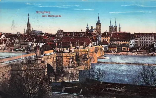 Stadtansicht mit Alte Mainbrücke in Würzburg Bayern Postkarte AK 1915