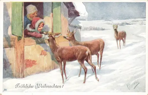 Frohe Weihnachten Kinder mit Reh Künstlerkarte K. Feiertag Nr 2